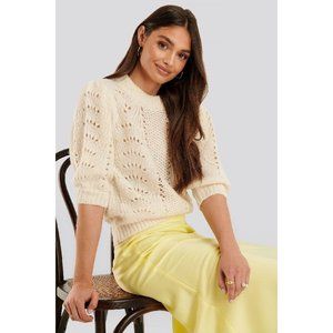 NA-KD Off White Short Balloon Sleeve Pointelle Knit Sweater